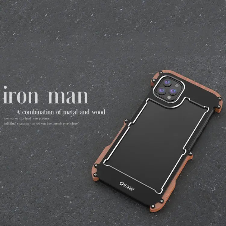 R-JUST Ironwood Man Shockproof Metal + Wood Bumper Protective Case For iPhone 13 mini For iPhone 13 For iPhone 13 Pro
