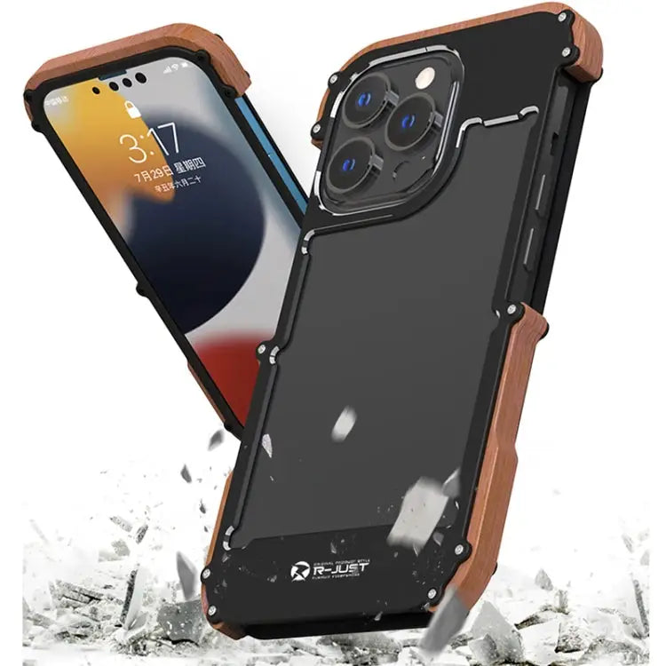 R-JUST Ironwood Man Shockproof Metal + Wood Bumper Protective Case For iPhone 13 mini For iPhone 13 For iPhone 13 Pro