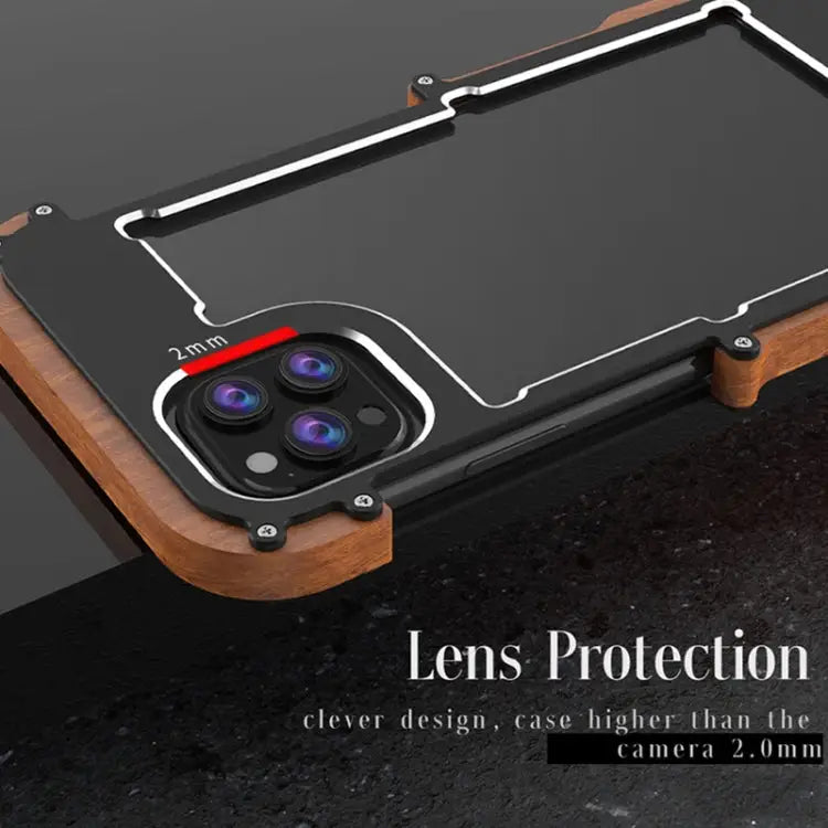 R-JUST Ironwood Man Shockproof Metal + Wood Bumper Protective Case For iPhone 13 mini For iPhone 13 For iPhone 13 Pro