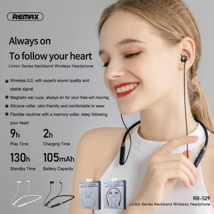 REMAX RB-S29 Linton Series Memory Neckband V5.0 Bluetooth Wireless Earphone - White - Apple Accessories