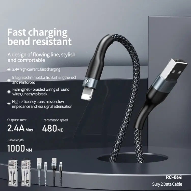 REMAX RC-064i Sury 2 Series 1m 2.4A USB to 8 Pin Data Cable for iPhone iPad