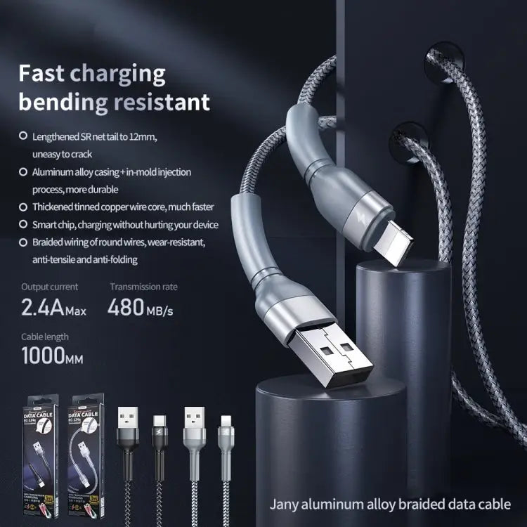 REMAX RC-124i 1m 2.4A USB to 8 Pin Aluminum Alloy Braid Fast Charging Data Cable for iPhone iPad - 8 Pin / Black