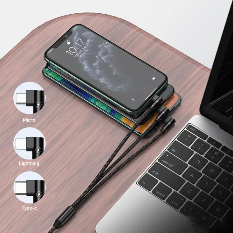 REMAX RC-167th 3 in 1 2.1A USB to 8 Pin + USB-C / Type-C + Micro USB Range Series Elbow Charging Cable Cable Length: 1m