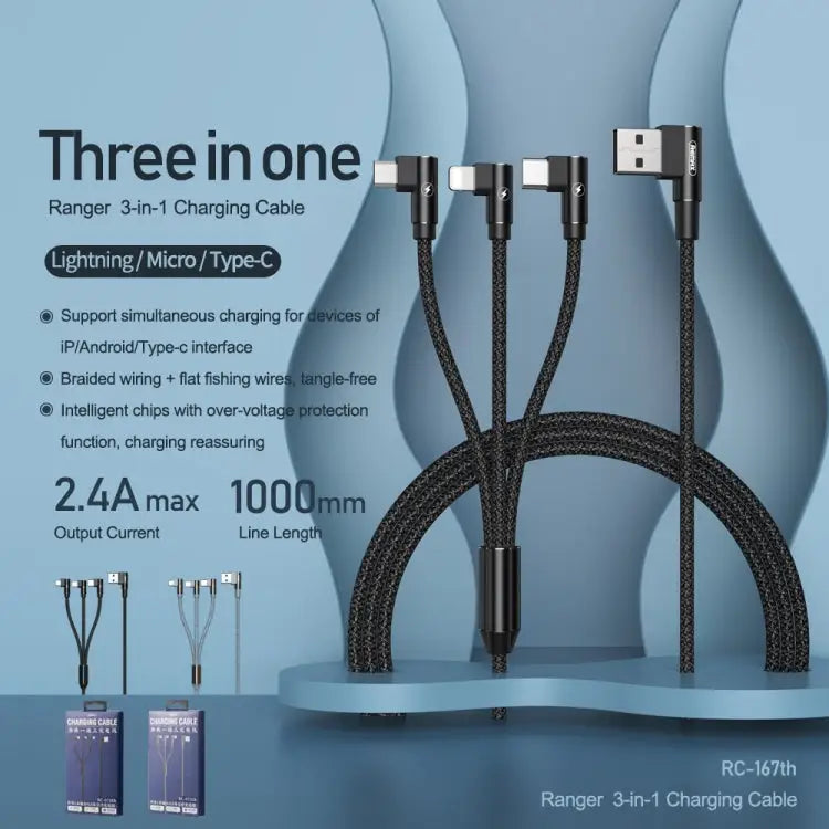 REMAX RC-167th 3 in 1 2.1A USB to 8 Pin + USB-C / Type-C + Micro USB Range Series Elbow Charging Cable Cable Length: 1m
