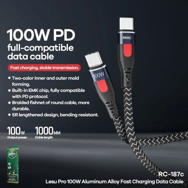 REMAX RC-187c Lesu Pro 1m PD100W Type-C to USB-C / Type-C Aluminum Alloy Braid Fast Charging Data Cable - Type-C