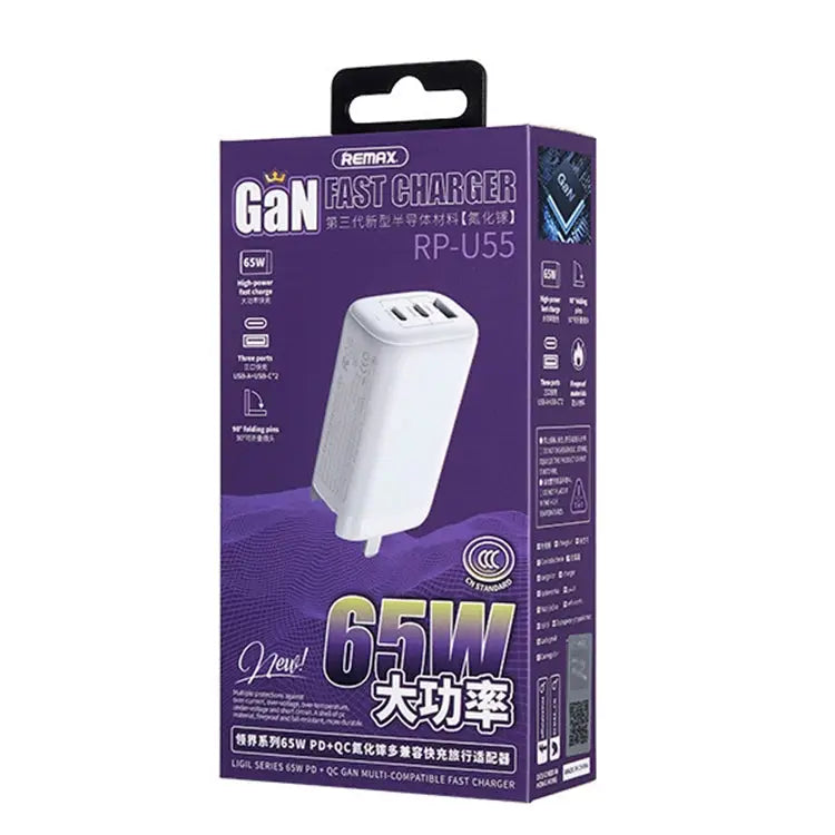 REMAX RP-U55 Territory Series 65W USB + Dual USB-C / Type-C Interface Fast Charger CN Plug - CN Plug - Apple Accessories