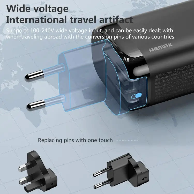 REMAX RP-U55 Territory Series 65W USB + Dual USB-C / Type-C Interface Fast Charger CN Plug - CN Plug - Apple Accessories