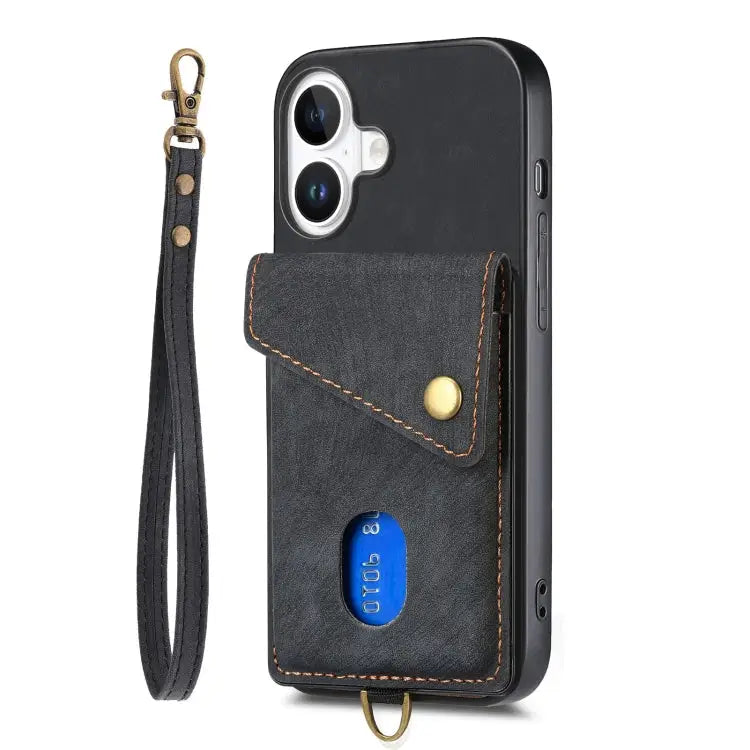 Retro Card Wallet Fold Leather Phone Case with Strap - Apple Accessories