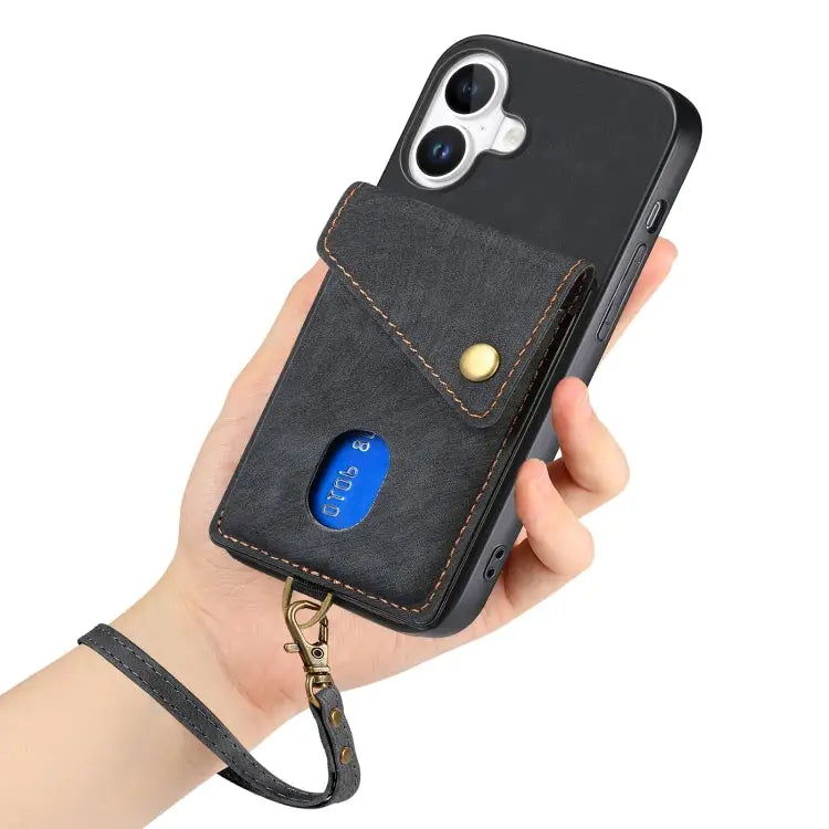Retro Card Wallet Fold Leather Phone Case with Strap - Apple Accessories