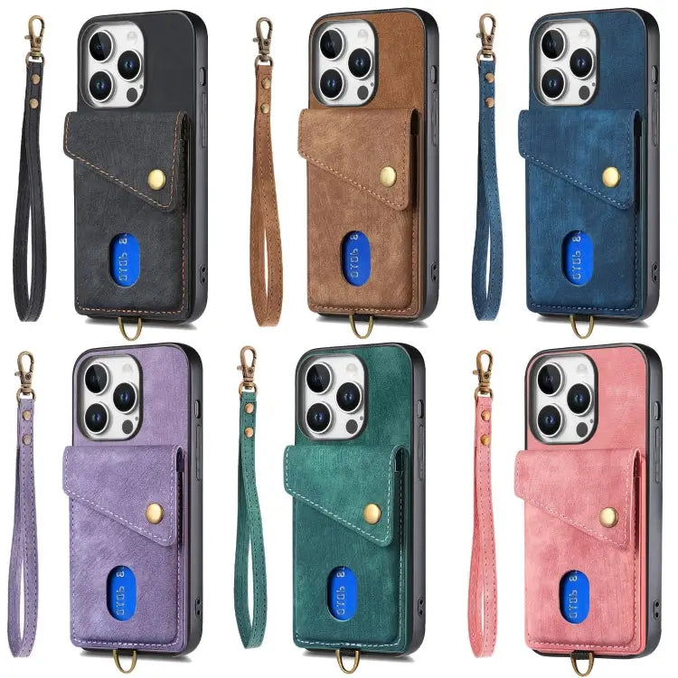 Retro Card Wallet Fold Leather Phone Case with Strap - Apple Accessories