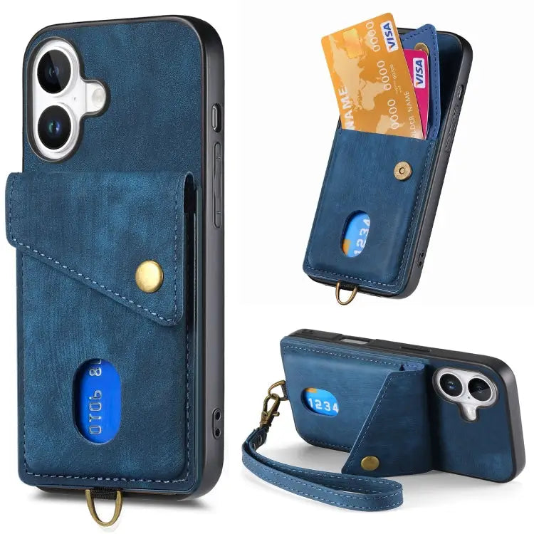 Retro Card Wallet Fold Leather Phone Case with Strap - For iPhone 16 / Blue - Apple Accessories