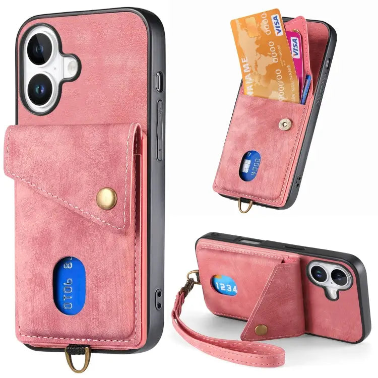 Retro Card Wallet Fold Leather Phone Case with Strap - For iPhone 16 / Pink - Apple Accessories