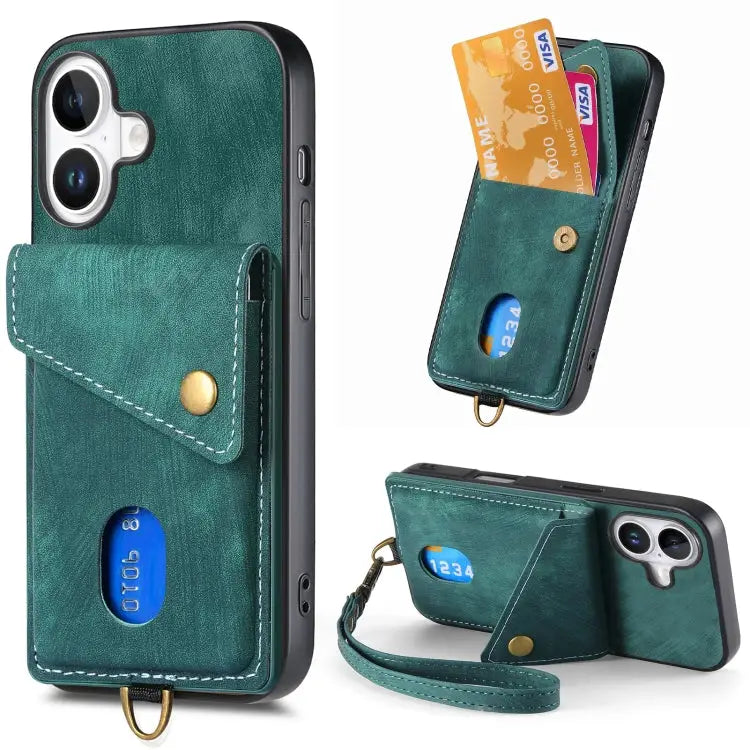 Retro Card Wallet Fold Leather Phone Case with Strap - For iPhone 16 / Green - Apple Accessories