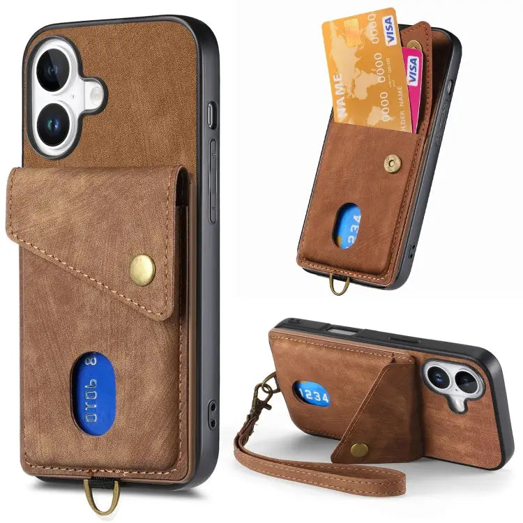 Retro Card Wallet Fold Leather Phone Case with Strap - For iPhone 16 / Brown - Apple Accessories
