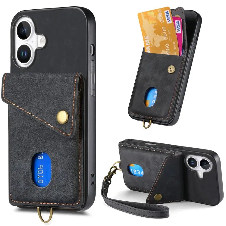 Retro Card Wallet Fold Leather Phone Case with Strap - For iPhone 16 / Black - Apple Accessories