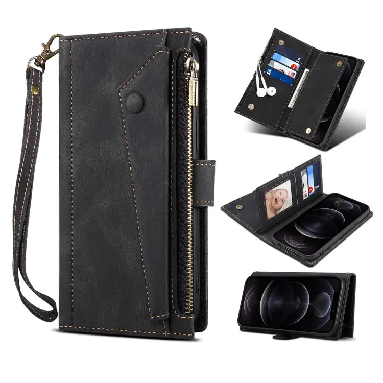 Retro Frosted Horizontal Flip Leather Case with Holder & Card Slot & Wallet & Zipper Pocket & Lanyard For iPhone 12
