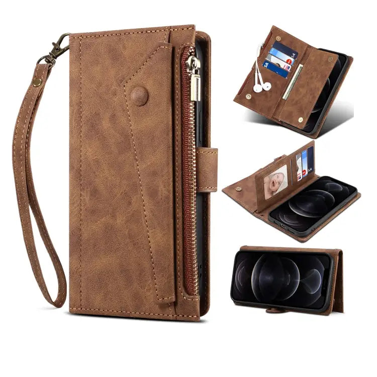 Retro Frosted Horizontal Flip Leather Case with Holder & Card Slot & Wallet & Zipper Pocket & Lanyard For iPhone 13 Pro