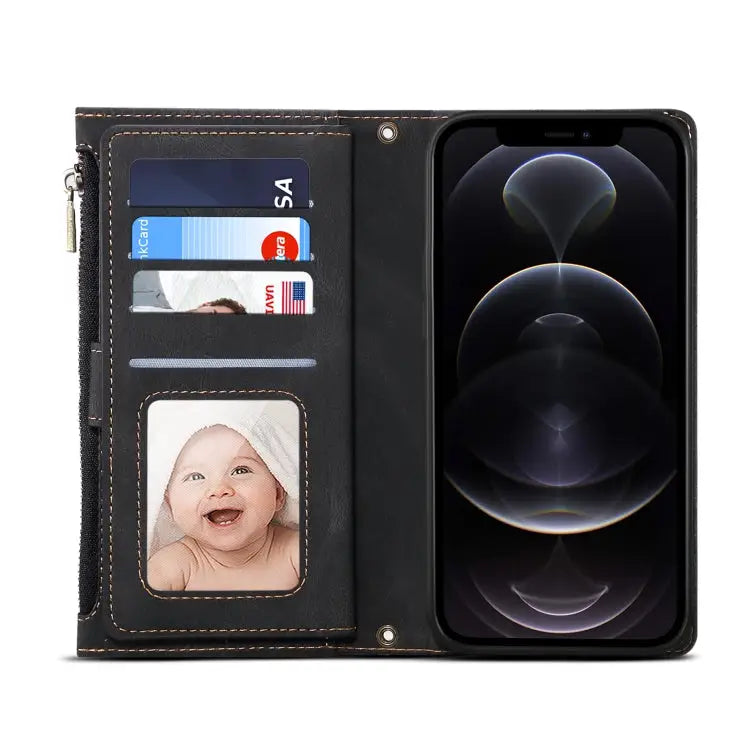 Retro Frosted Horizontal Flip Leather Case with Holder & Card Slot & Wallet & Zipper Pocket & Lanyard For iPhone 13 Pro