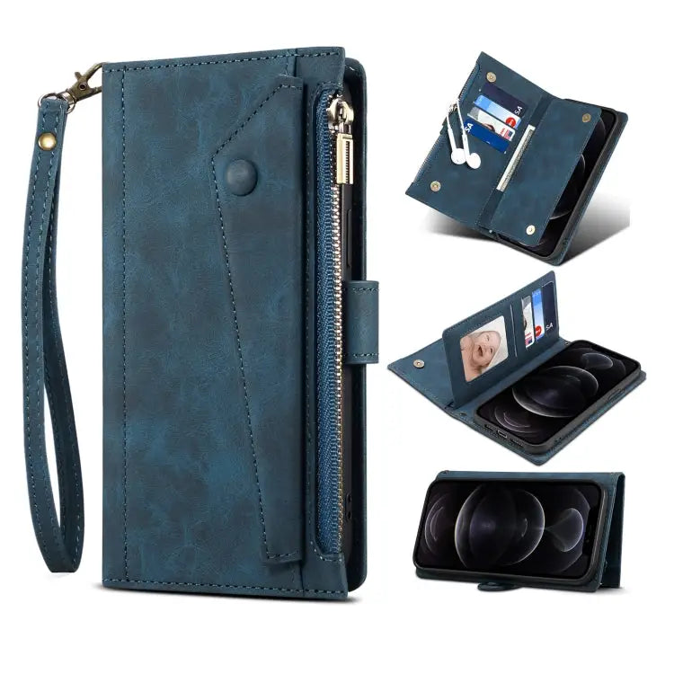 Retro Frosted Horizontal Flip Leather Case with Holder & Card Slot & Wallet & Zipper Pocket & Lanyard For iPhone 13 Pro