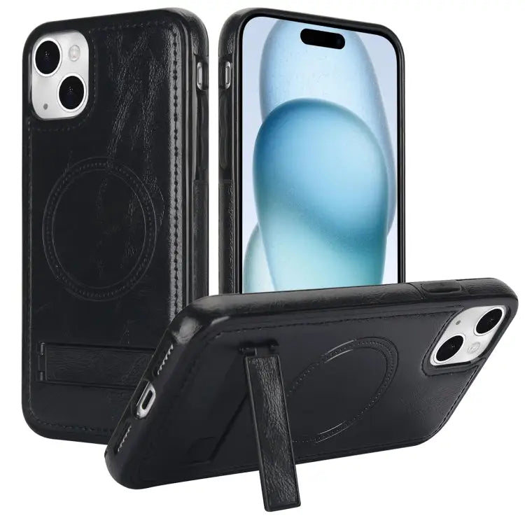 Retro Leather Invisible Stand MagSafe Phone Case For iPhone 15 For iPhone 14 Plus For iPhone 14 - For iPhone 15 / Black