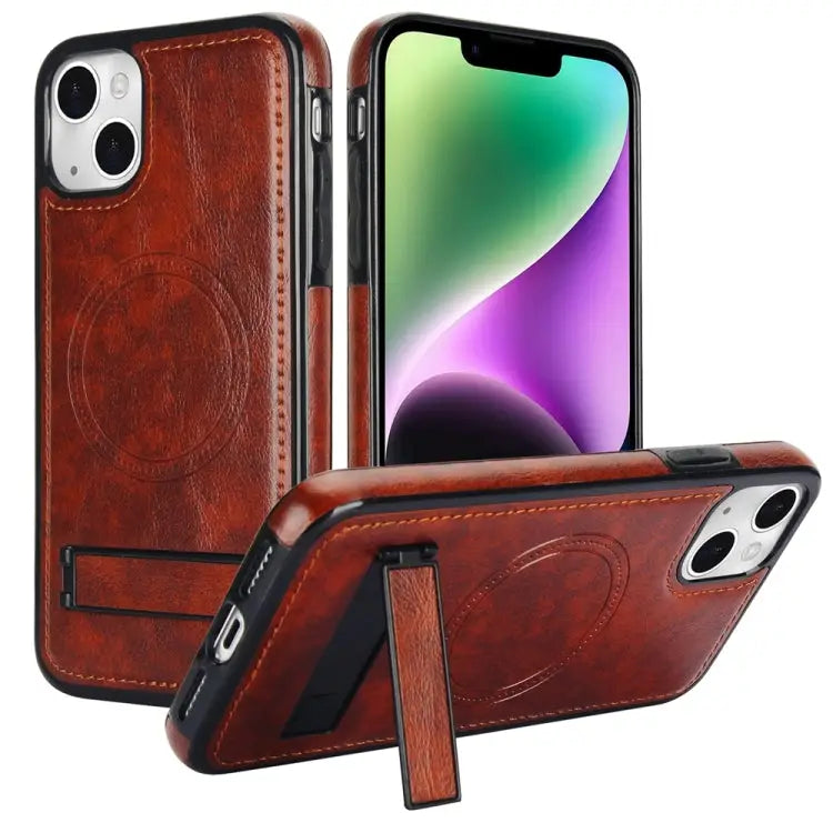 Retro Leather Invisible Stand MagSafe Phone Case For iPhone 15 For iPhone 14 Plus For iPhone 14 - For iPhone 14 Plus