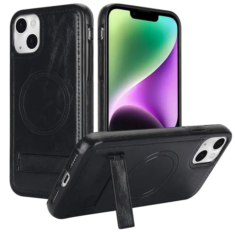Retro Leather Invisible Stand MagSafe Phone Case For iPhone 15 For iPhone 14 Plus For iPhone 14 - For iPhone 14 / Black