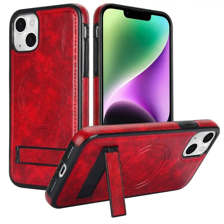 Retro Leather Invisible Stand MagSafe Phone Case For iPhone 15 For iPhone 14 Plus For iPhone 14 - For iPhone 14 / Red