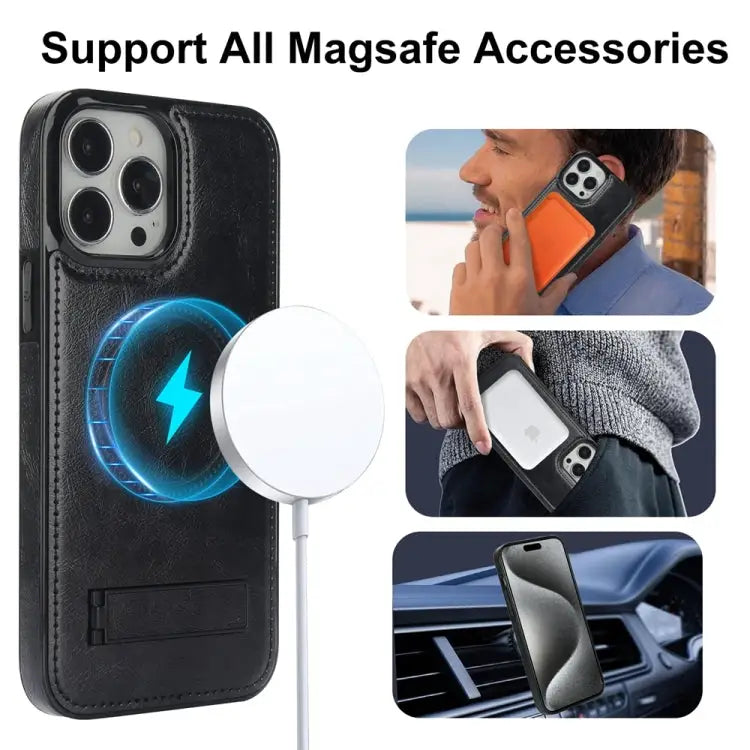 Retro Leather Invisible Stand MagSafe Phone Case For iPhone 15 Pro Max For iPhone 15 Pro For iPhone 15 Plus - Apple