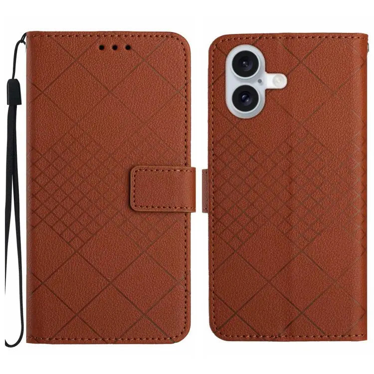 Rhombic Grid Texture Leather Phone Case - For iPhone 16 Plus / Brown