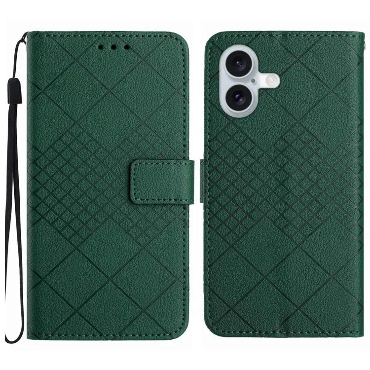 Rhombic Grid Texture Leather Phone Case - For iPhone 16 Plus / Green