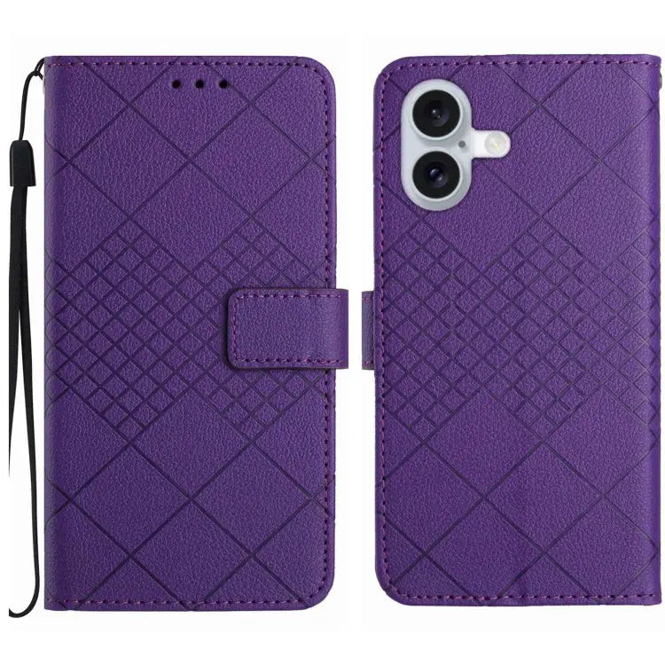 Rhombic Grid Texture Leather Phone Case - For iPhone 16 Plus / Purple