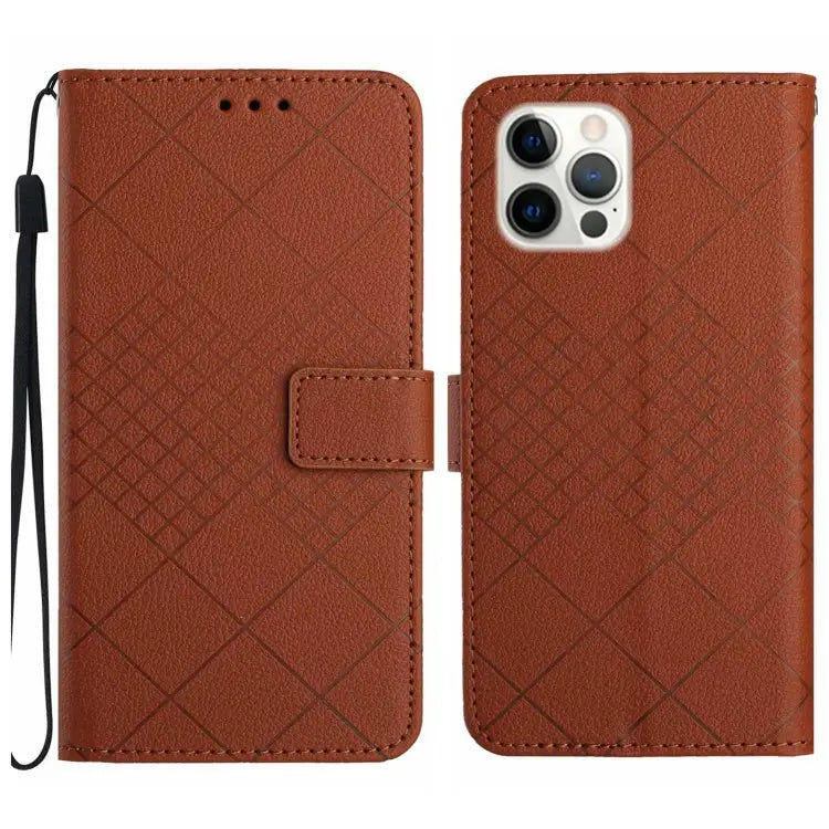 Rhombic Grid Texture Leather Phone Case - For iPhone 16 Pro / Brown