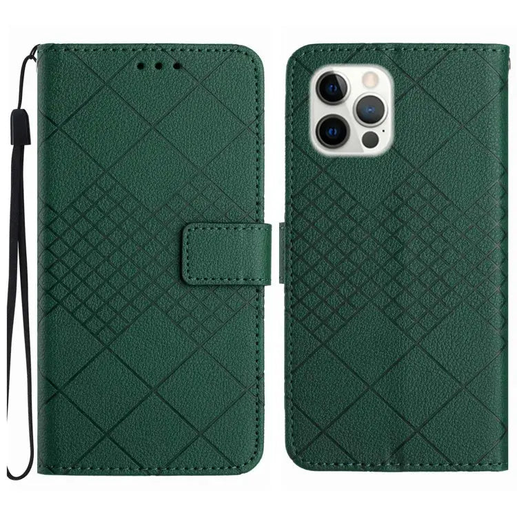 Rhombic Grid Texture Leather Phone Case - For iPhone 16 Pro Max / Green