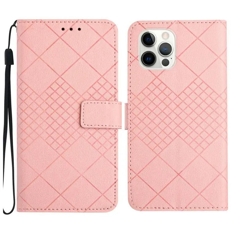 Rhombic Grid Texture Leather Phone Case - For iPhone 16 Pro / Pink
