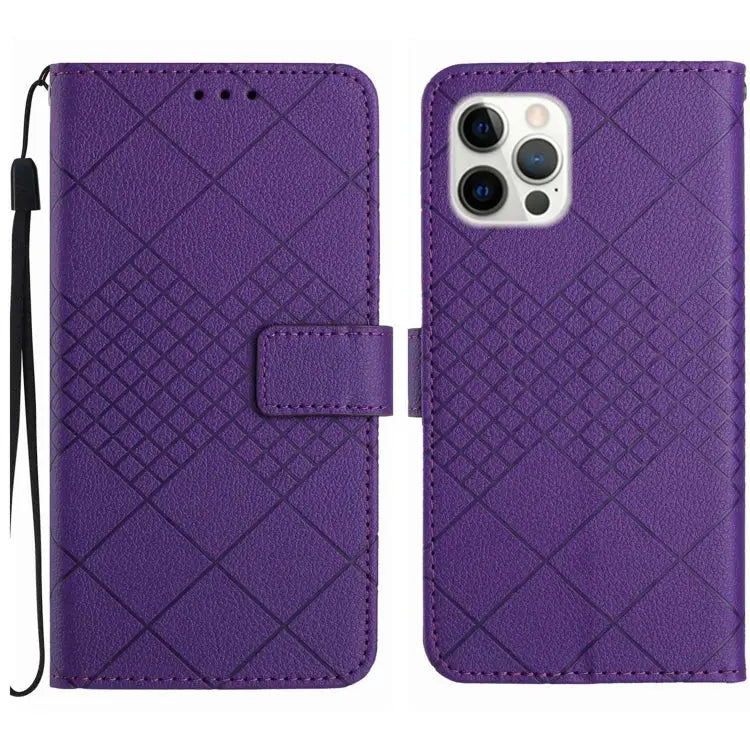 Rhombic Grid Texture Leather Phone Case - For iPhone 16 Pro / Purple