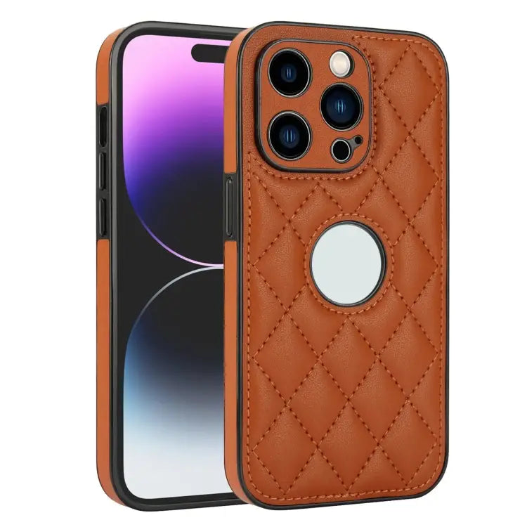 Rhombic Leather Back Cover Phone Case For iPhone 12 Pro Max For iPhone 12 Pro - For iPhone 12 Pro / Brown - Apple
