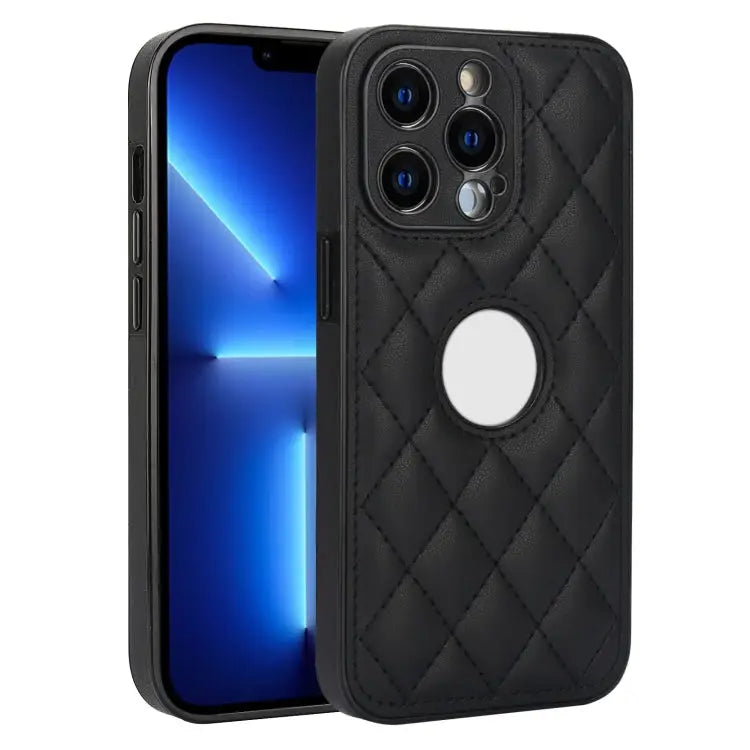 Rhombic Leather Back Cover Phone Case For iPhone 13 Pro For iPhone 13 For iPhone 12 - For iPhone 13 Pro / Black - Apple