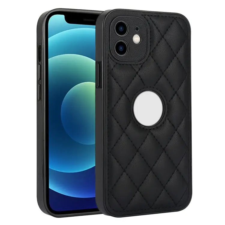Rhombic Leather Back Cover Phone Case For iPhone 13 Pro For iPhone 13 For iPhone 12 - For iPhone 12 / Black - Apple