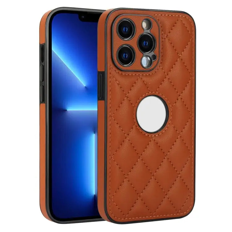 Rhombic Leather Back Cover Phone Case For iPhone 13 Pro For iPhone 13 For iPhone 12 - For iPhone 13 Pro / Brown - Apple