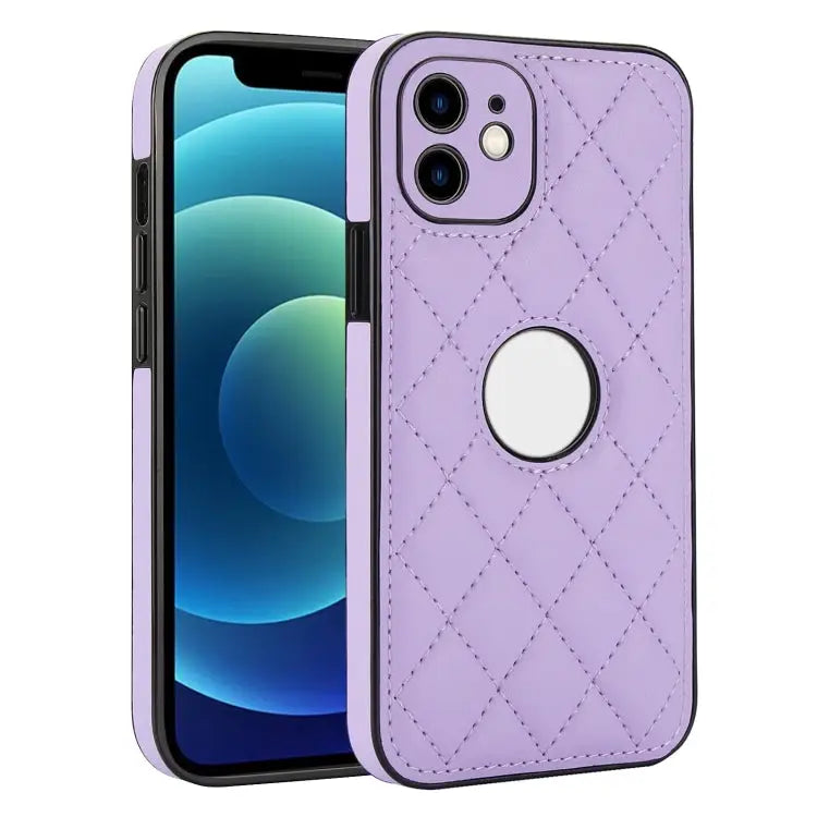 Rhombic Leather Back Cover Phone Case For iPhone 13 Pro For iPhone 13 For iPhone 12 - For iPhone 12 / Purple - Apple