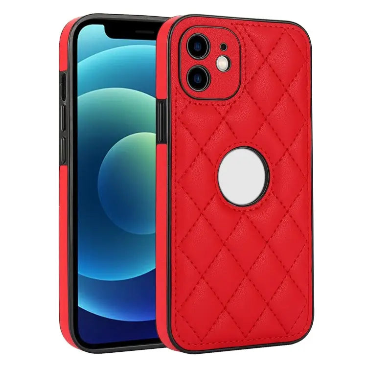 Rhombic Leather Back Cover Phone Case For iPhone 13 Pro For iPhone 13 For iPhone 12 - For iPhone 12 / Red - Apple