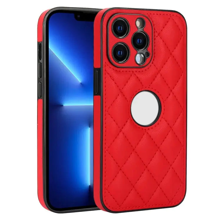 Rhombic Leather Back Cover Phone Case For iPhone 13 Pro For iPhone 13 For iPhone 12 - For iPhone 13 Pro / Red - Apple