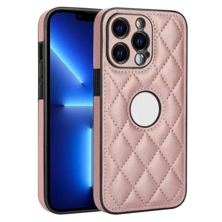 Rhombic Leather Back Cover Phone Case For iPhone 13 Pro For iPhone 13 For iPhone 12 - For iPhone 13 Pro / Rose Gold