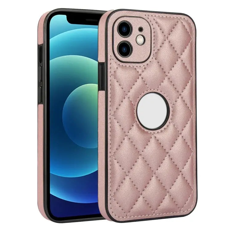 Rhombic Leather Back Cover Phone Case For iPhone 13 Pro For iPhone 13 For iPhone 12 - For iPhone 12 / Rose Gold - Apple