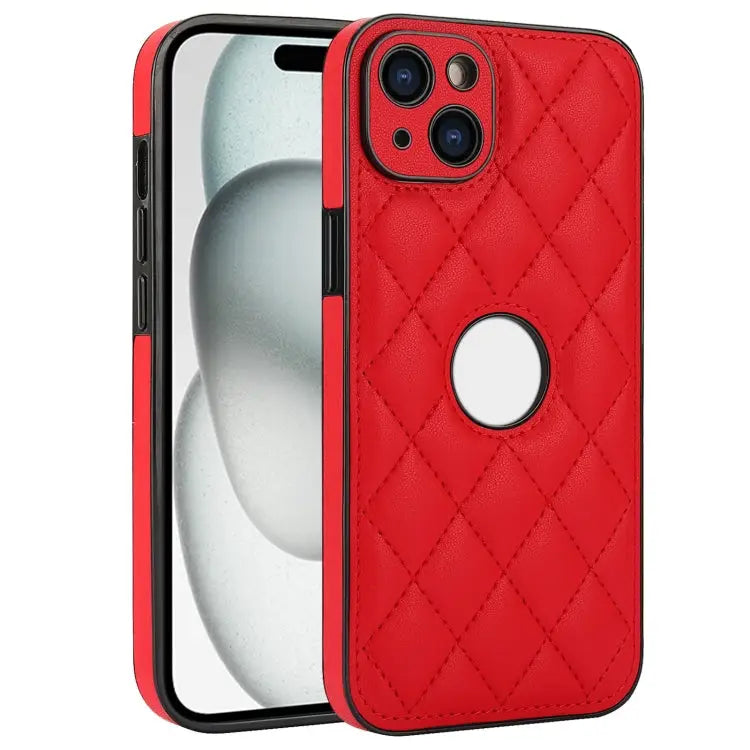 Rhombic Leather Back Cover Phone Case For iPhone 15 For iPhone 14 Plus For iPhone 14 - For iPhone 14 Plus / Red - Apple