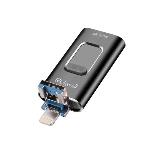 Richwell 3 in 1 16G Type-C + 8 Pin + USB 3.0 Metal Push-pull Flash Disk with OTG Function - Black