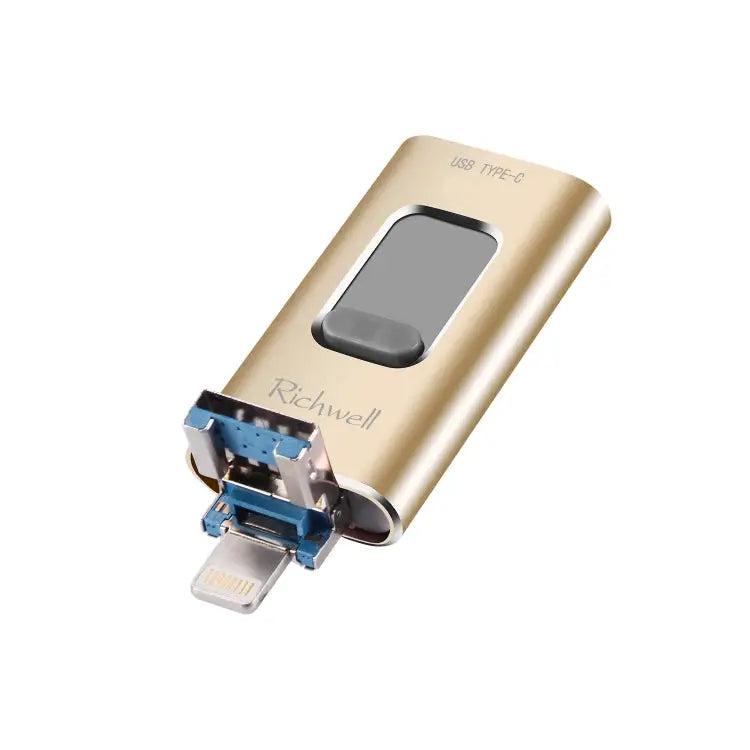Richwell 3 in 1 16G Type-C + 8 Pin + USB 3.0 Metal Push-pull Flash Disk with OTG Function - Gold