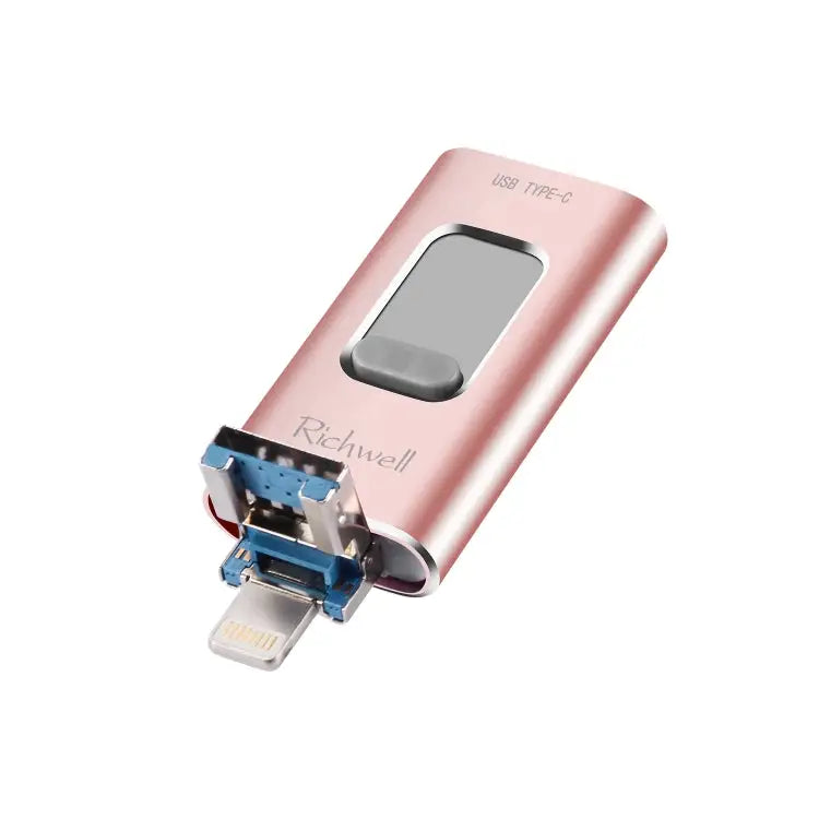 Richwell 3 in 1 16G Type-C + 8 Pin + USB 3.0 Metal Push-pull Flash Disk with OTG Function - Rose Gold