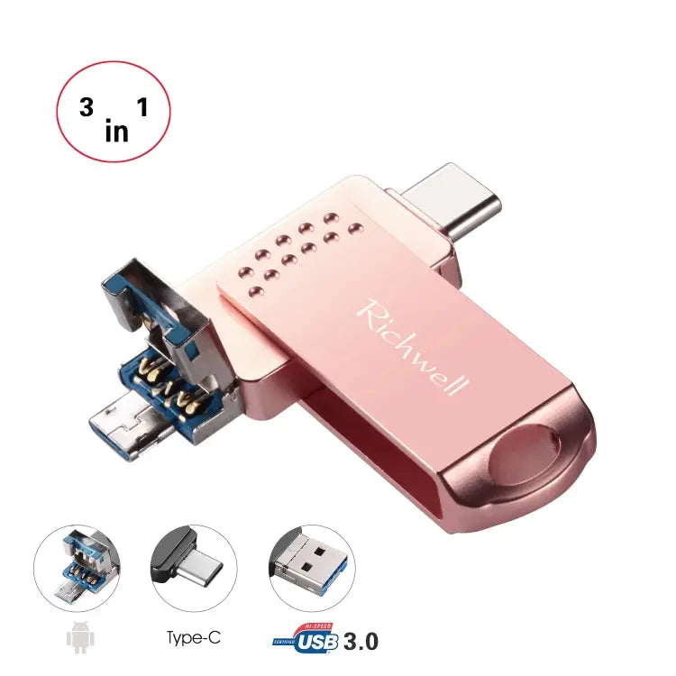 Richwell 3 in 1 16G Type-C + Micro USB + USB 3.0 Metal Flash Disk with OTG Function - Rose Gold