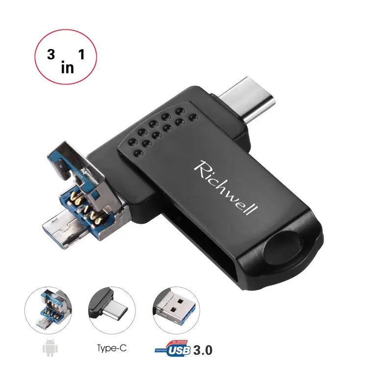 Richwell 3 in 1 16G Type-C + Micro USB + USB 3.0 Metal Flash Disk with OTG Function - Black